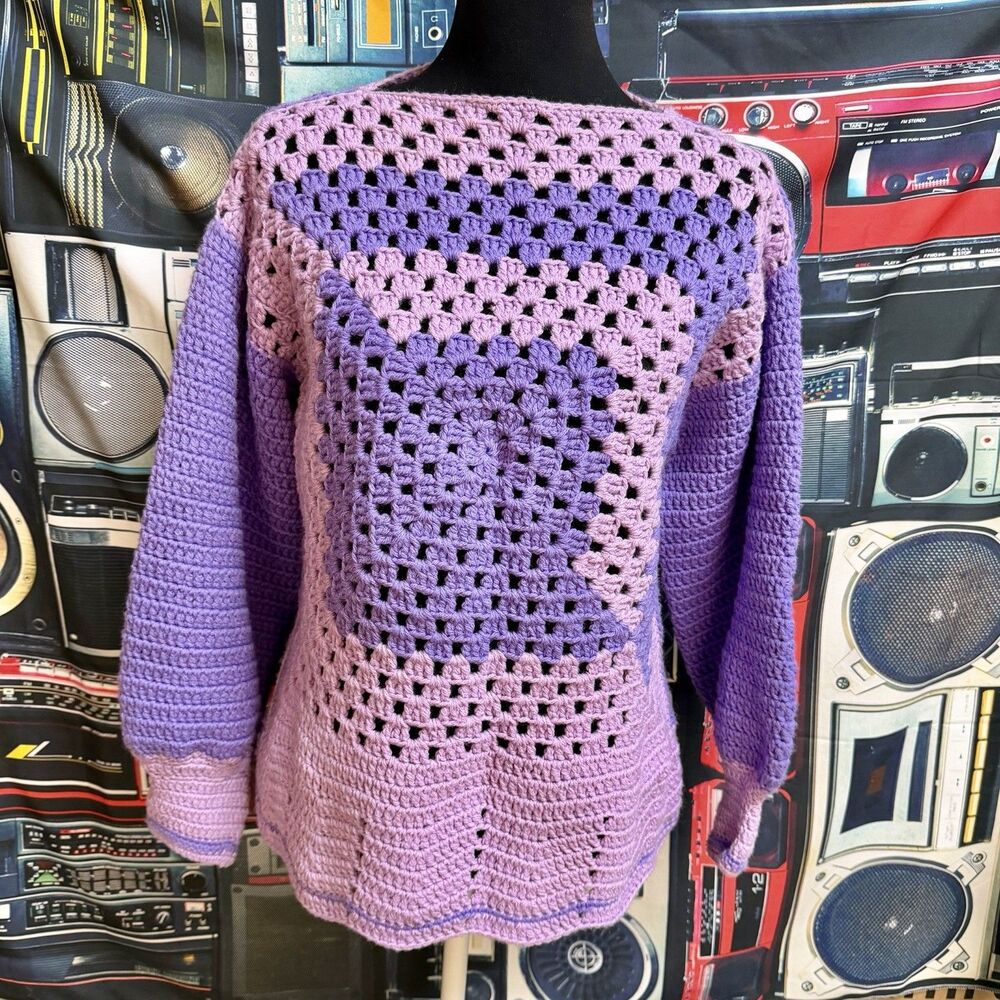 Handmade Granny Square One Size Cozy Boho Chunky Knit Sweater Grannycore